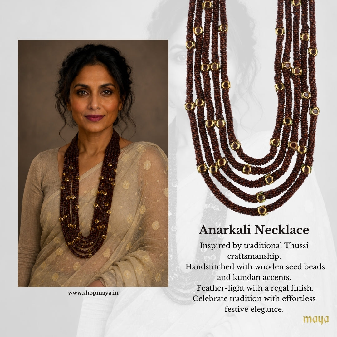 Anarkali woven wooden beads & kundan layered Necklace