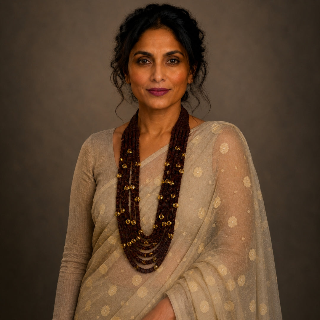 Anarkali woven wooden beads & kundan layered Necklace