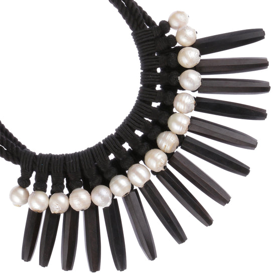 Haider hand chiselled ebony beads and baroque pearls necklace