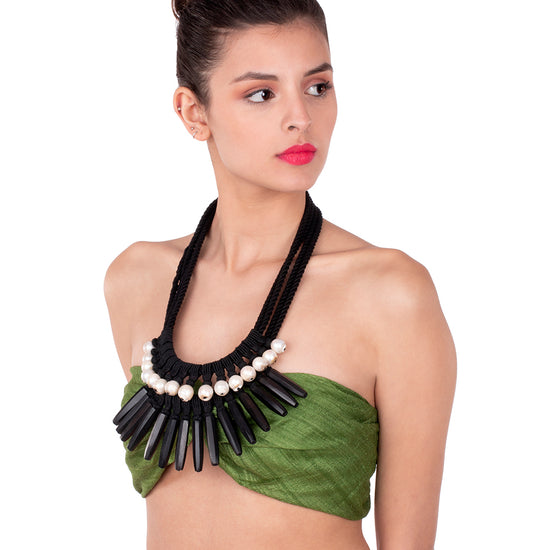 Haider hand chiselled ebony beads and baroque pearls necklace