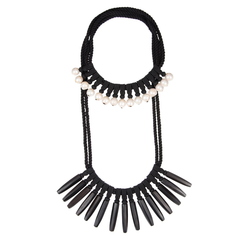 Haider hand chiselled ebony beads and baroque pearls necklace