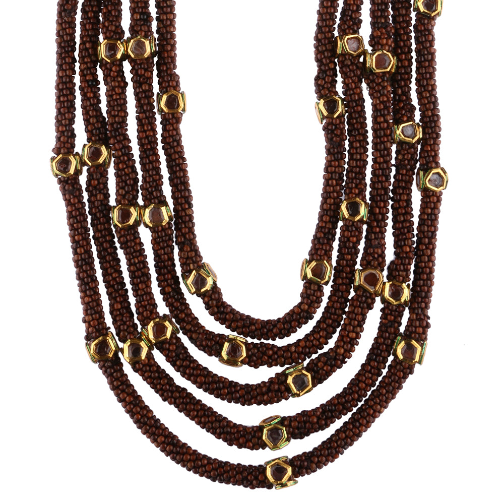 Load image into Gallery viewer, Anarkali woven wooden beads &amp;amp; kundan layered Necklace
