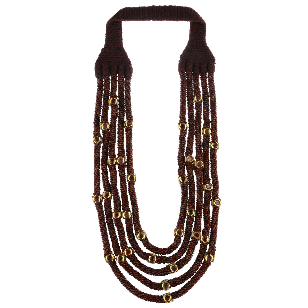 Long Wooden Bead Necklace with gold circle - gray – PennyLuna Boutique