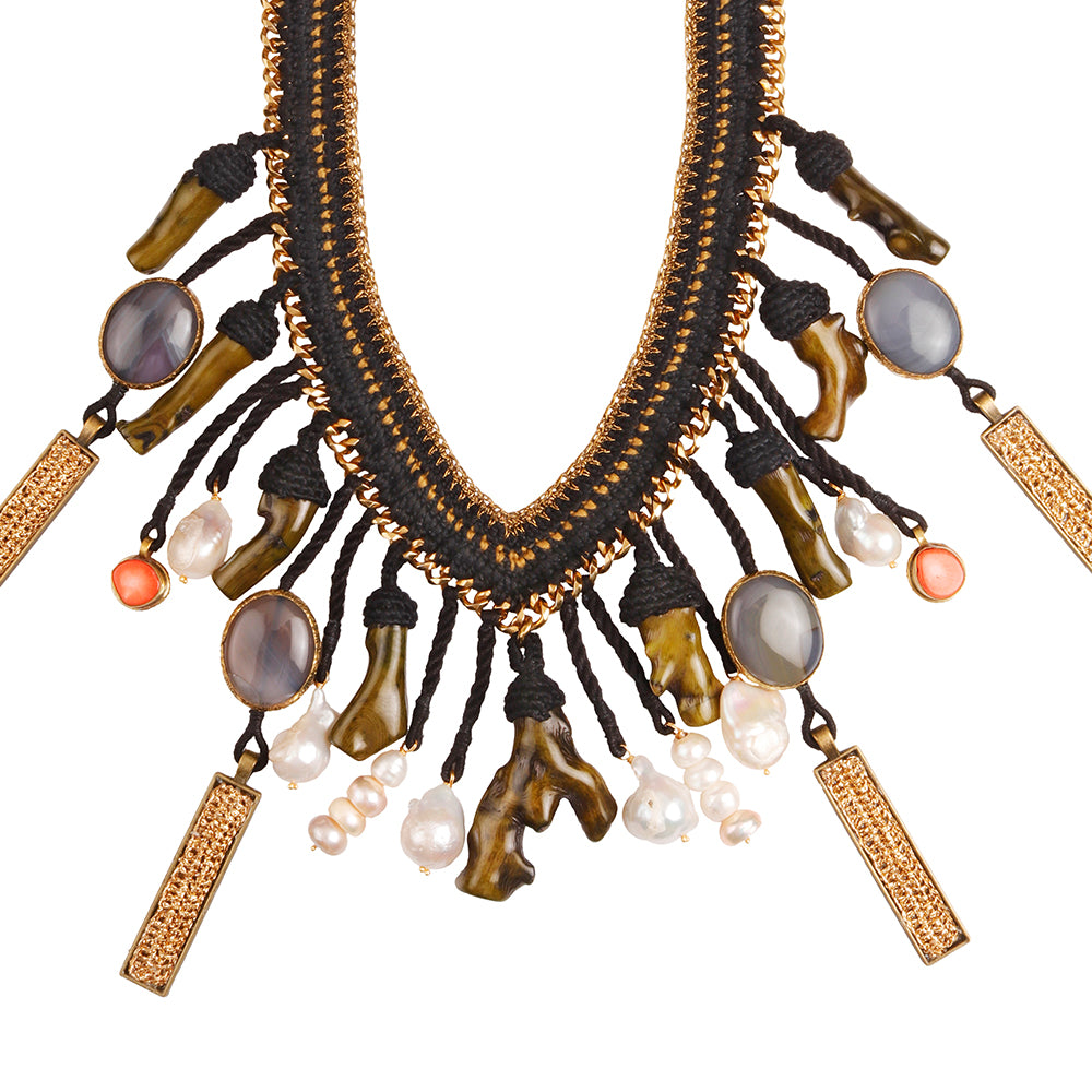 Gauhar baroque pearls & semiprecious stone collar Necklace